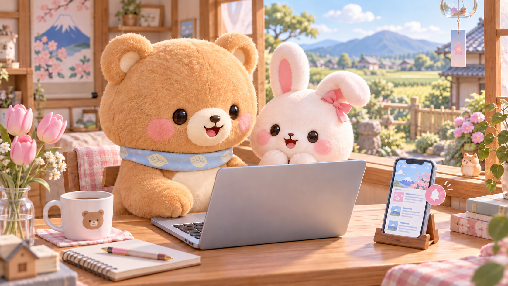 朝のニュースを楽しむくまと白いうさぎ